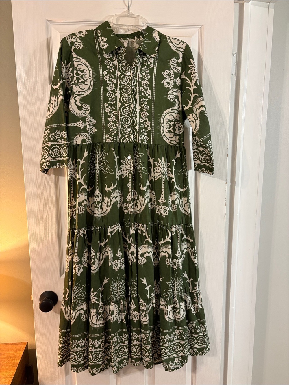 Kaktus Olive Green and White Printed Button-Up Dress